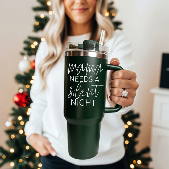 Christmas Tumbler Gifts Funny, 40oz Holiday Tumblers with Handle, Lid & Reusable Straw | Modern 40 oz Red or Green Travel Mugs | Mom Humor Gift Ideas