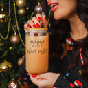  Christmas Glass Tumbler Set 2pk, Modern Cute Holiday Home Decor & Gift Ideas, Glass Coffee Cups with Wood lid and Straws | Glitter Sequin Christmas Cups
