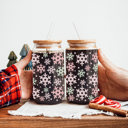  Christmas Glass Tumbler Set 2pk, Modern Cute Holiday Home Decor & Gift Ideas, Glass Coffee Cups with Wood lid and Straws | Glitter Sequin Christmas Cups