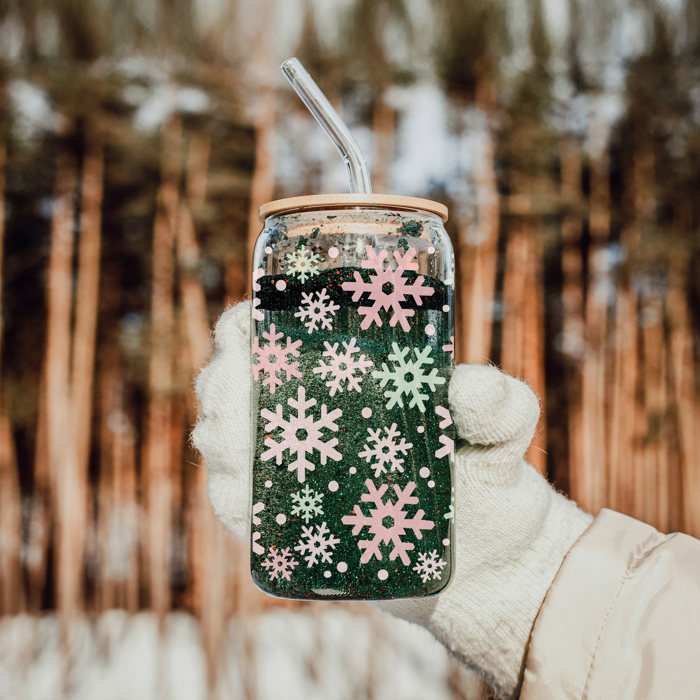Christmas Glass Tumbler Set 2pk, Modern Cute Holiday Home Decor & Gift Ideas, Glass Coffee Cups with Wood lid and Straws | Glitter Sequin Christmas Cups
