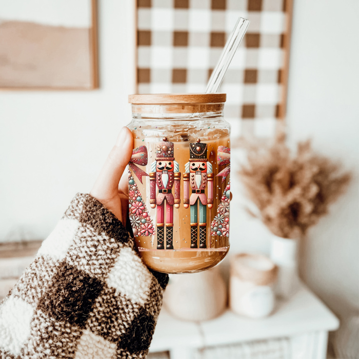 Christmas Kitchen Gifts & Holiday Drinkware Set, 2 Glass Tumblers of Choice, Christmas Glass Coffee Cups with Lid & Straws, Cute, Modern, Funny 