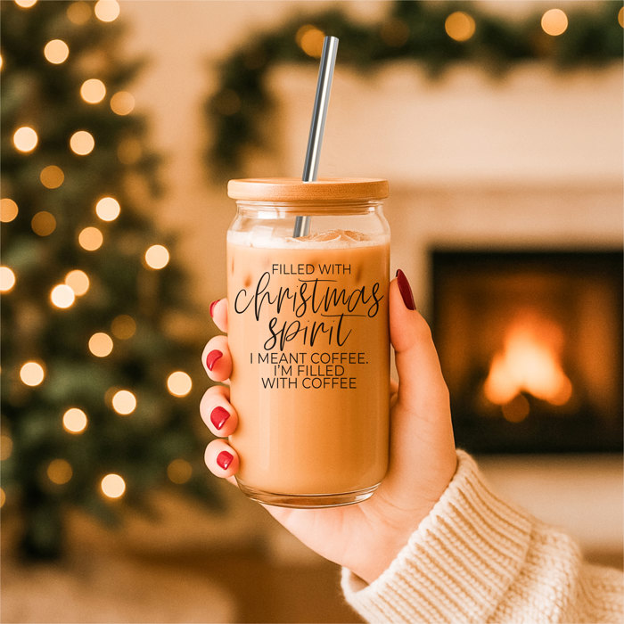 Christmas Kitchen Gifts & Holiday Drinkware Set, 2 Glass Tumblers of Choice, Christmas Glass Coffee Cups with Lid & Straws, Cute, Modern, Funny 