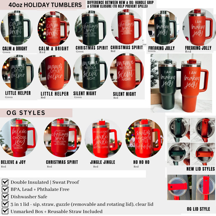 Christmas Tumbler Gifts Funny, 40oz Holiday Tumblers with Handle, Lid & Reusable Straw | Modern 40 oz Red or Green Travel Mugs | Mom Humor Gift Ideas