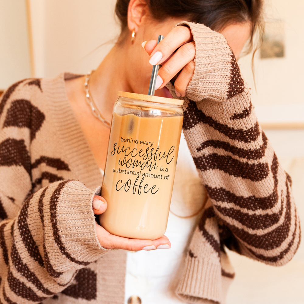 Christmas Glass Cups with Bamboo Lid & Straws, Funny Coffee Mug Gifts