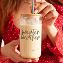 Sweater Weather Christmas Glass Cups with Bamboo Lid & Straws, Funny Coffee Mug Gifts