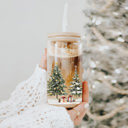  Christmas Glass Tumbler Set 2pk, Modern Cute Holiday Home Decor & Gift Ideas, Glass Coffee Cups with Wood lid and Straws | Glitter Sequin Christmas Cups