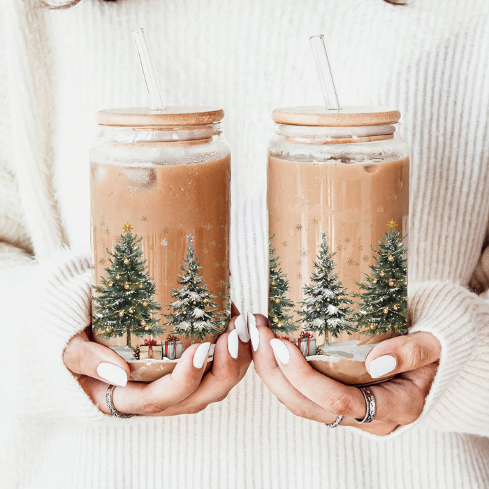 Christmas Glass Tumbler Set 2pk, Modern Cute Holiday Home Decor & Gift Ideas, Glass Coffee Cups with Wood lid and Straws | Glitter Sequin Christmas Cups