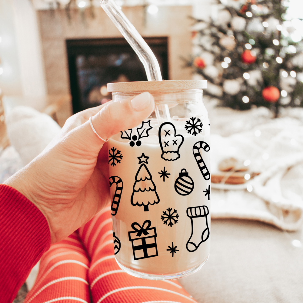 Christmas Glass Cups with Bamboo Lid & Straws, Funny Coffee Mug Gifts