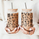  Christmas Glass Tumbler Set 2pk, Modern Cute Holiday Home Decor & Gift Ideas, Glass Coffee Cups with Wood lid and Straws | Glitter Sequin Christmas Cups