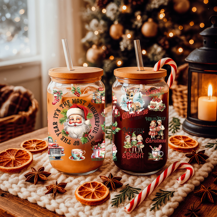 Christmas Kitchen Gifts & Holiday Drinkware Set, 2 Glass Tumblers of Choice, Christmas Glass Coffee Cups with Lid & Straws, Cute, Modern, Funny 