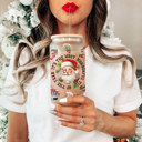 Vintage Christmas Glass Cups with Lid and Straws 2pk | 17oz Funny Glass Tumblers For Moms | Glass Can Cups