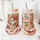  Christmas Glass Tumbler Set 2pk, Modern Cute Holiday Home Decor & Gift Ideas, Glass Coffee Cups with Wood lid and Straws | Glitter Sequin Christmas Cups