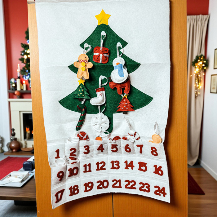 Christmas 2025 Advent Calendar, Handmade Hanging Christmas Countdown with Plush Fabric Ornament Options, Reusable Holiday Felt Advent 