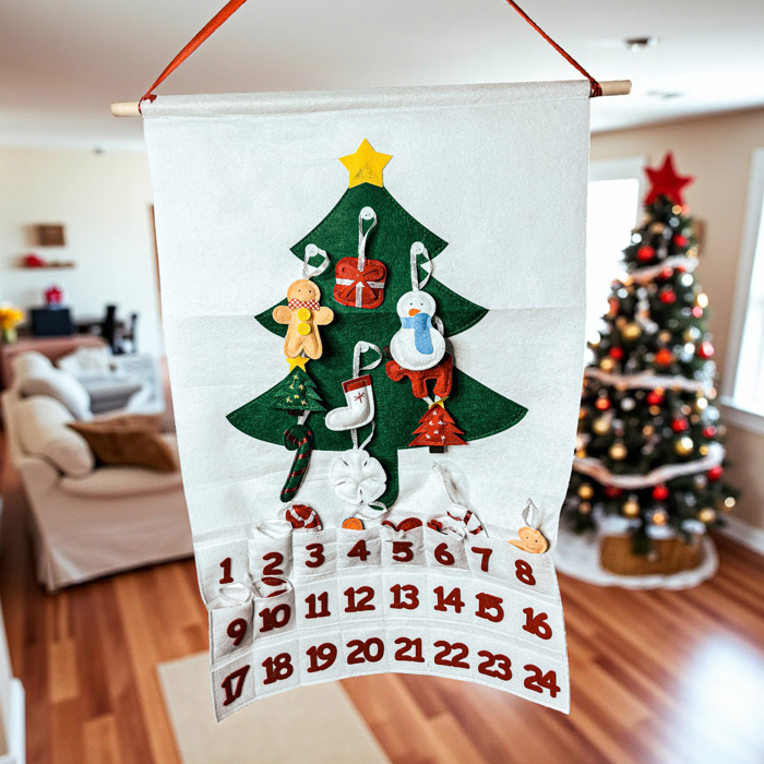 Christmas 2025 Advent Calendar, Handmade Hanging Christmas Countdown with Plush Fabric Ornament Options, Reusable Holiday Felt Advent 