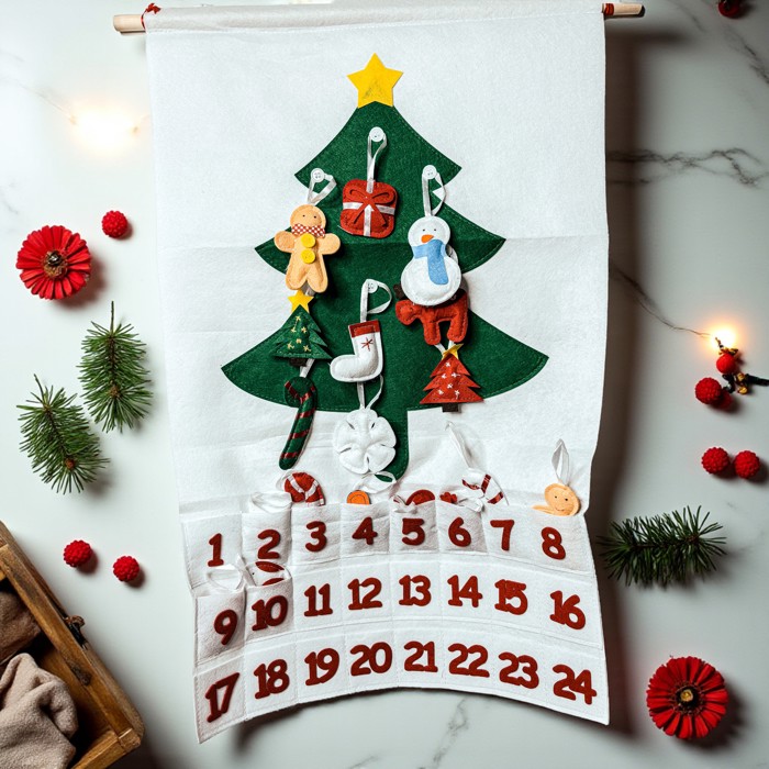 Christmas 2025 Advent Calendar, Handmade Hanging Christmas Countdown with Plush Fabric Ornament Options, Reusable Holiday Felt Advent 