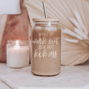 Wake Up Glass Cups with Lid and Straws 2pk | 17oz Funny Glass Tumblers For Moms | Glass Can Cups