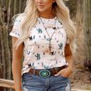  Beige Western Cactus Print Crew Neck Short Sleeve Top