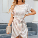  Stripe Short Sleeve Belted Wrapped Hemline Dress