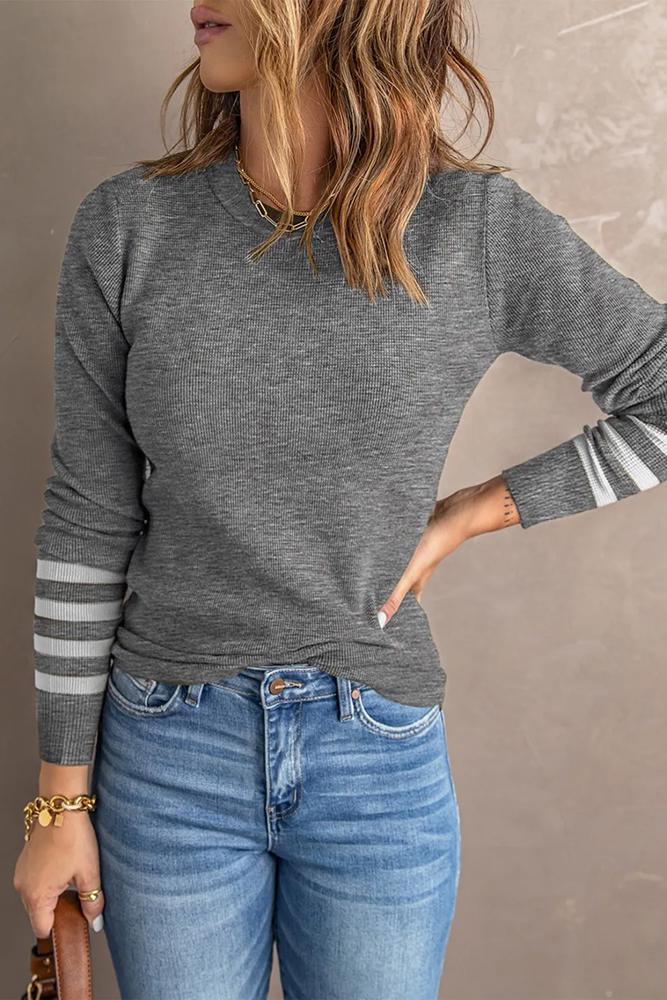 Striped Sleeve Plain Knit Sweater