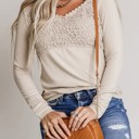 Medium Beige Lace Crochet V Neck Long Sleeve Top