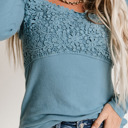 Small Blue Lace Crochet V Neck Long Sleeve Top