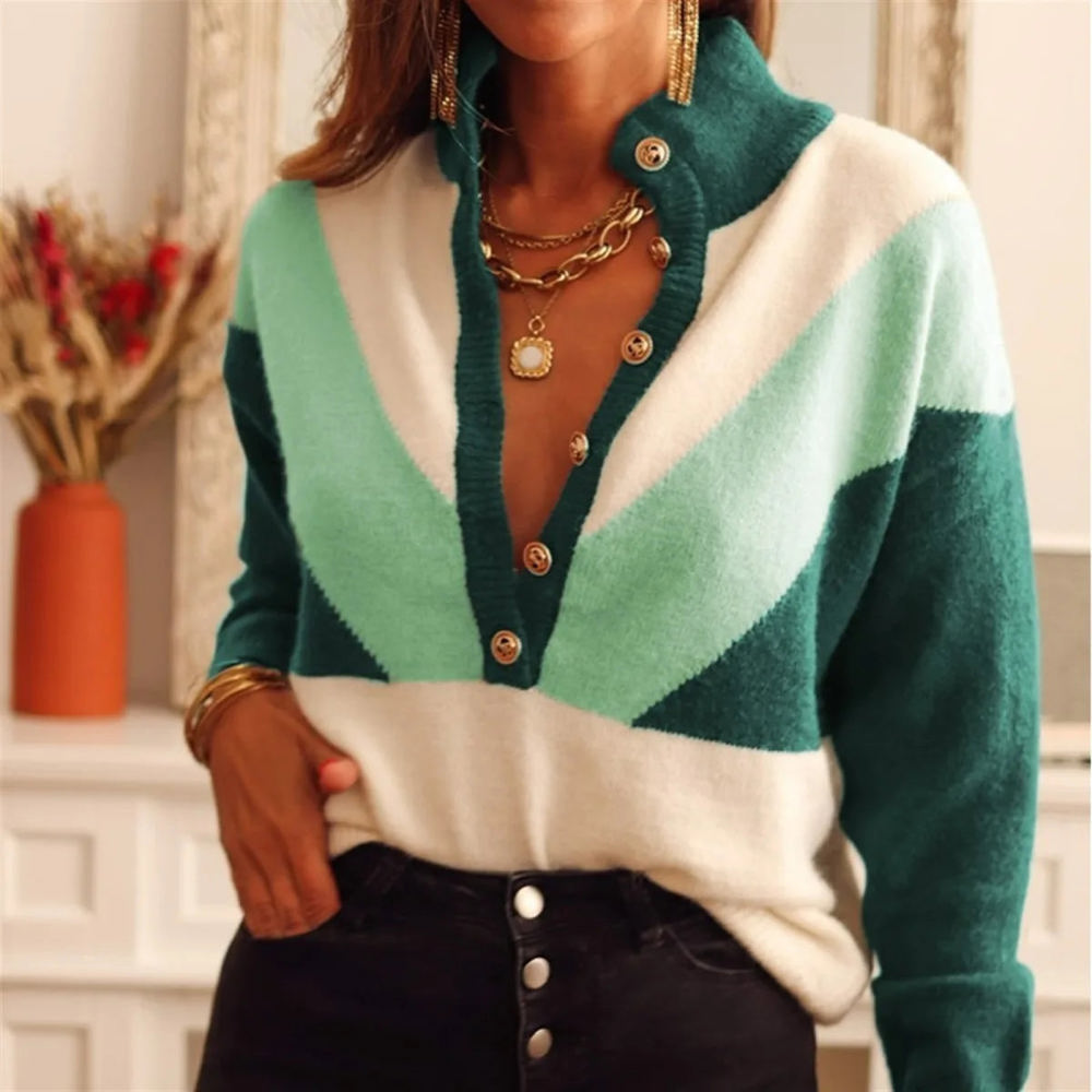 Green Geometric Color Block Knit Button V Neck Sweater