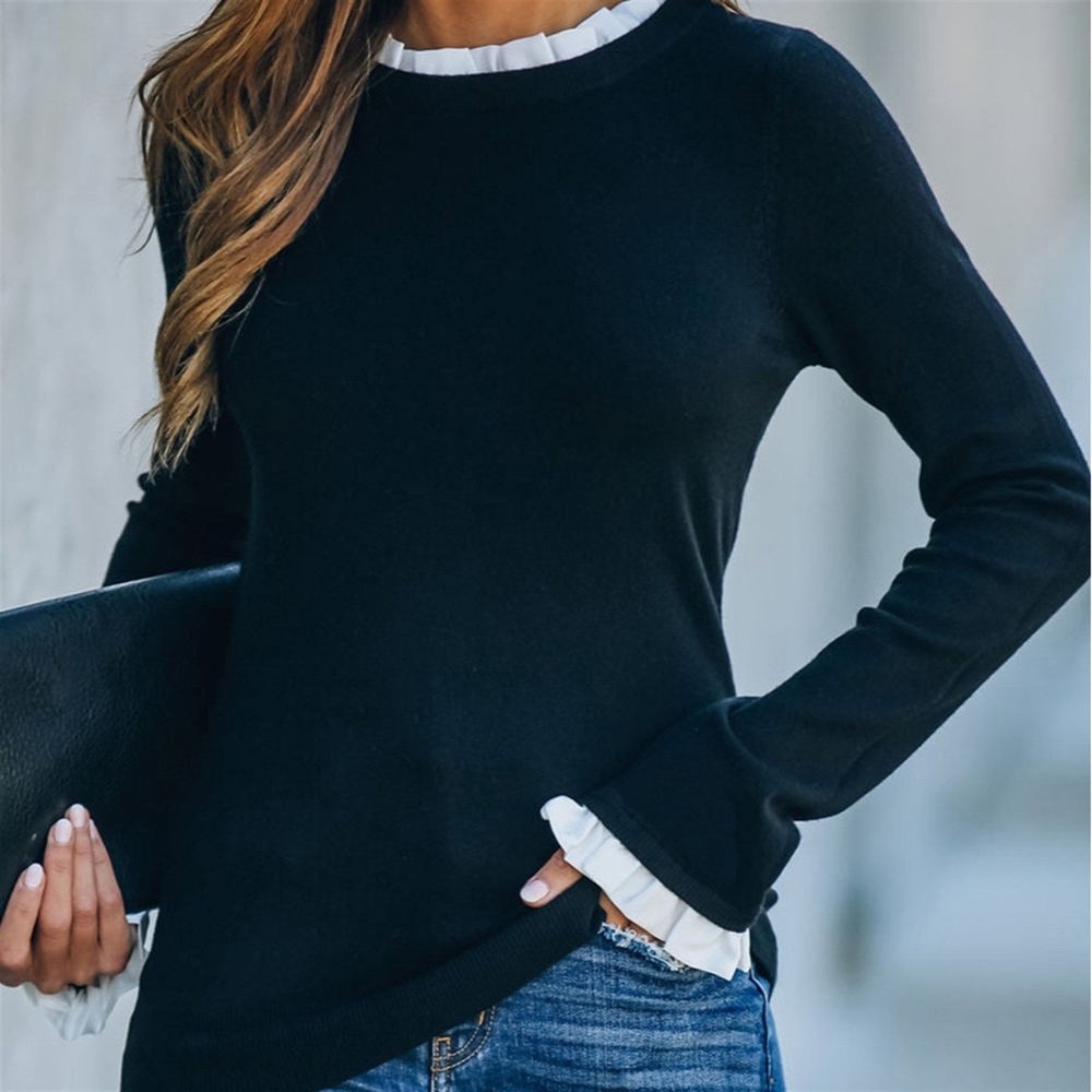 Ruffled Crew Neck Knit Sweater