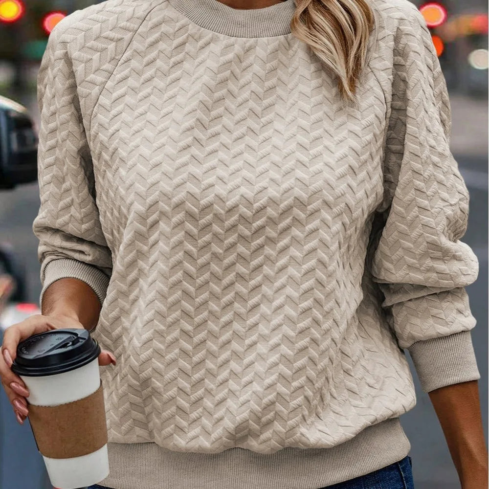 Beige Solid Textured Raglan Sleeve Pullover Sweatshirt