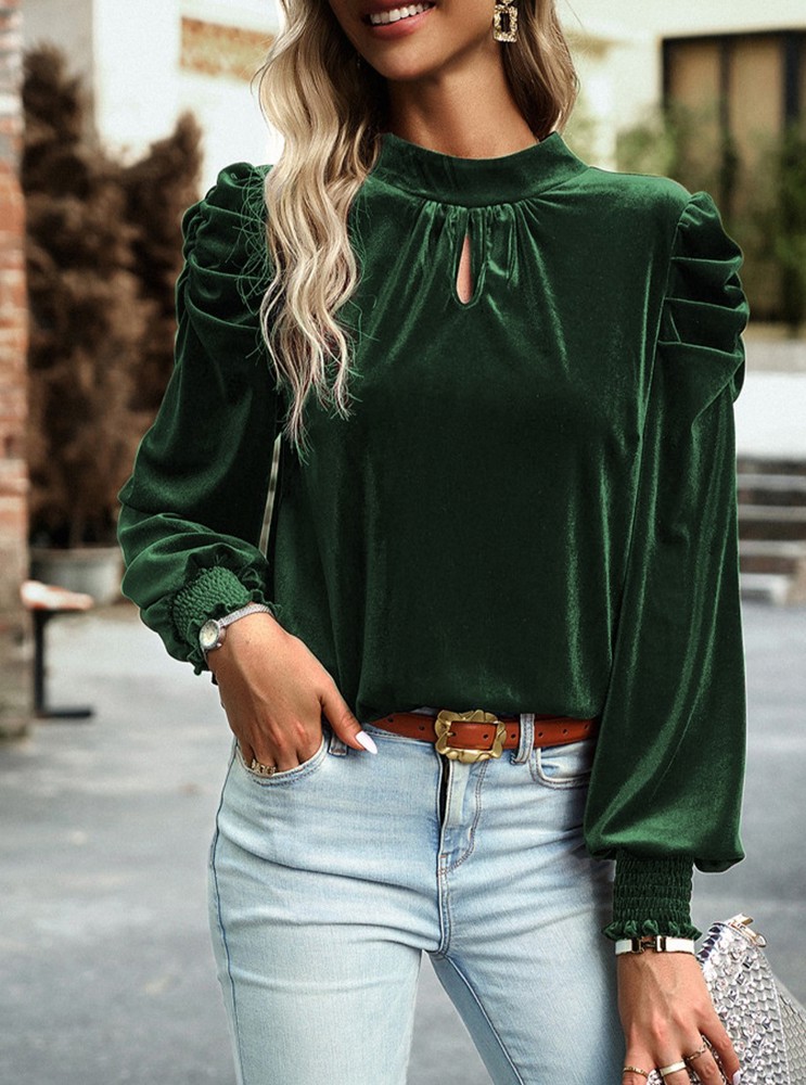 Blackish Green Mock Neck Puff Sleeve Velvet Blouse 