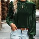 Medium Blackish Green Mock Neck Puff Sleeve Velvet Blouse 