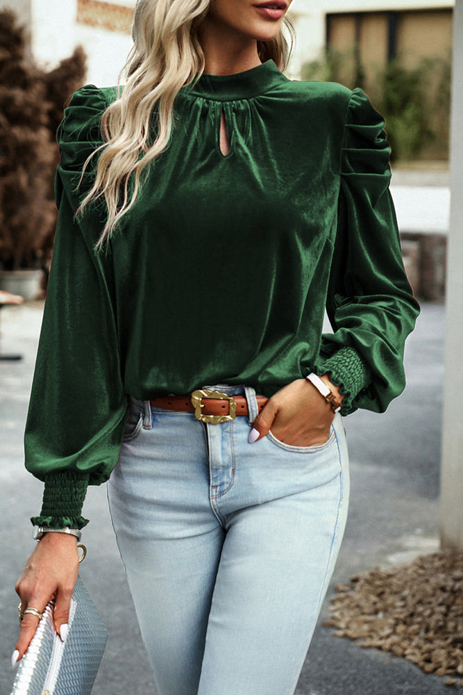 Blackish Green Mock Neck Puff Sleeve Velvet Blouse 