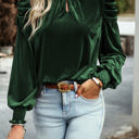  Blackish Green Mock Neck Puff Sleeve Velvet Blouse 