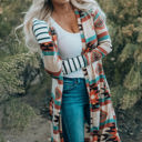 Small Geometric Color Block Open Front Long Cardigan