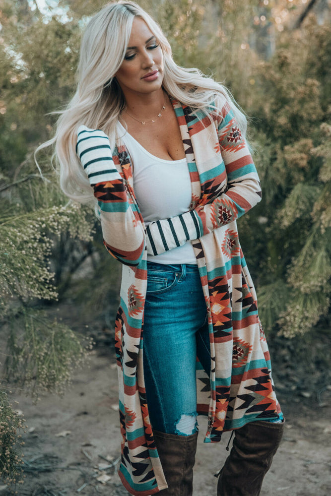 Geometric Color Block Open Front Long Cardigan