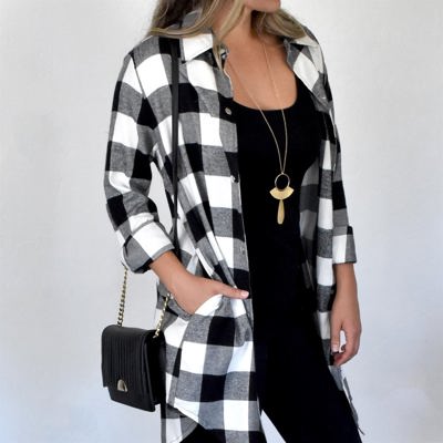 Turn-Down Collar Plaid Long Sleeve Coat