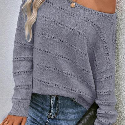 Light Grey Boat Neck Drop Shoulder Pointelle Knit Sweater