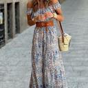  Blue Boho Paisley Print Off Shoulder Maxi Dress