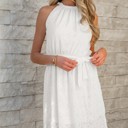  White Lace Sleeveless Knot Hollow Out Back Tied Waist Mini Dress