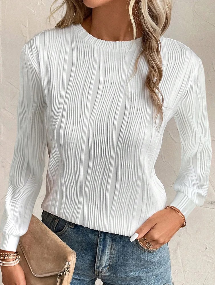 Textured Wavy Round Neck Long Sleeve Top