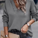  V Neck Ribbed Drop Shoulder Hooded Sweater