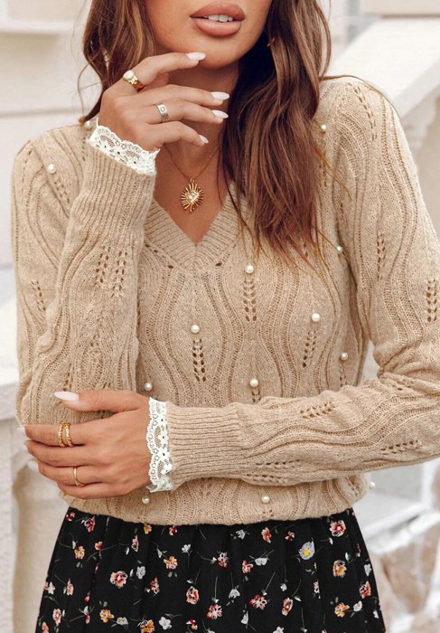 Smoke Gray Pearl Beaded Pointelle Knit V Neck Lace Patchwork Sleeve Sweater