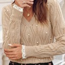  Smoke Gray Pearl Beaded Pointelle Knit V Neck Lace Patchwork Sleeve Sweater