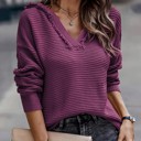  V Neck Ribbed Drop Shoulder Hooded Sweater