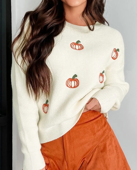 Pumpkin Embroidered Ribbed Thanksgiving Halloween Holiday Sweater