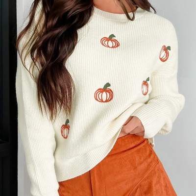 Pumpkin Embroidered Ribbed Thanksgiving Halloween Holiday Sweater