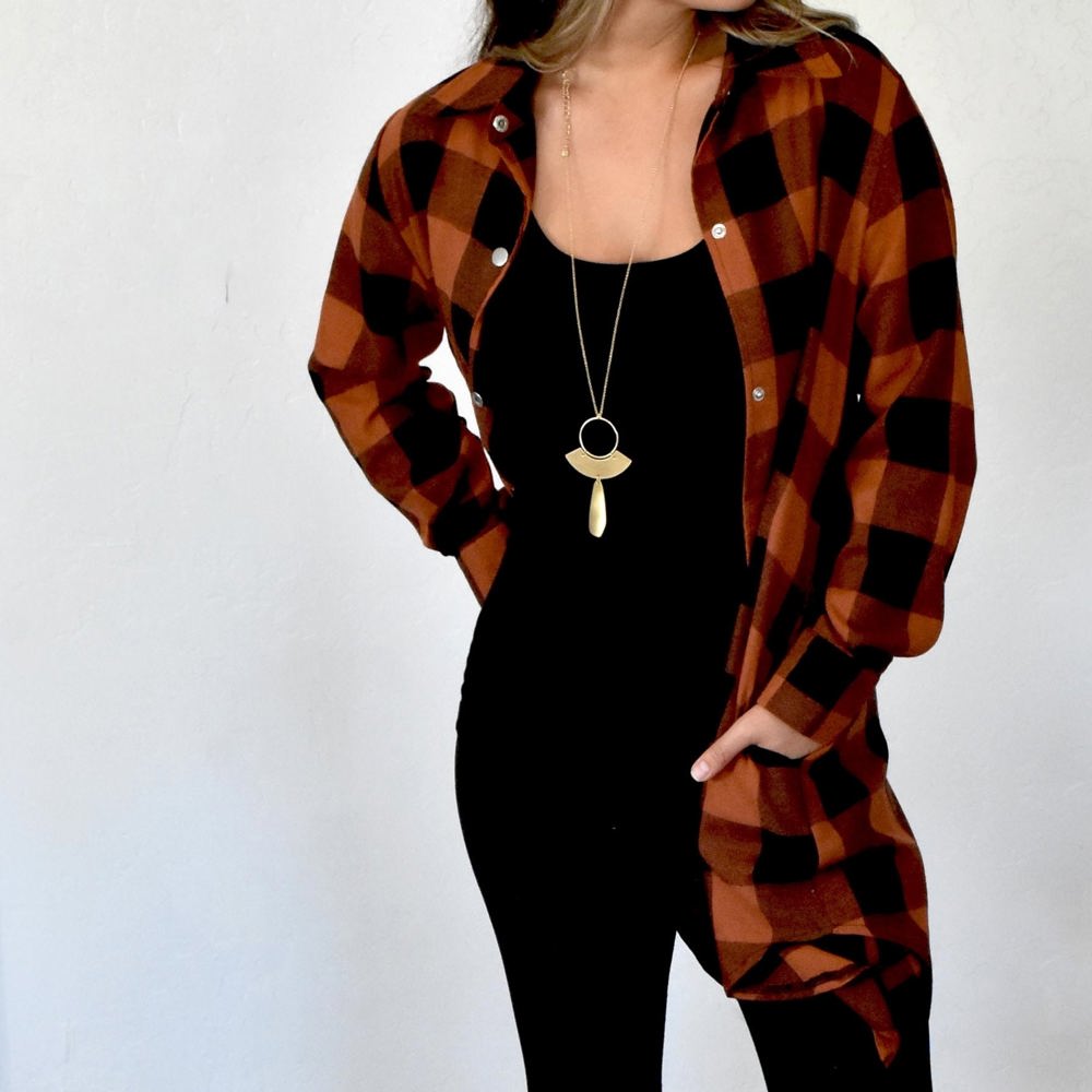 Turn-Down Collar Plaid Long Sleeve Coat