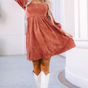  Brown Suede Square Neck Puff Sleeve Dress