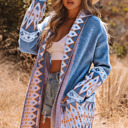  Blue Aztec Print Open Front Knitted Cardigan