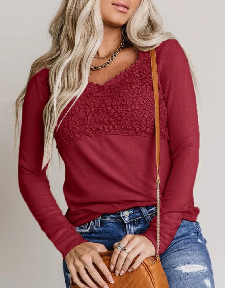 Lace Crochet V Neck Long Sleeve Top