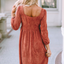  Brown Suede Square Neck Puff Sleeve Dress